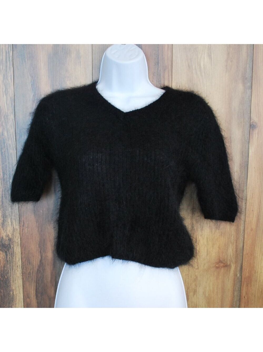 Karen Kane Black Furry Fuzzy Short Sleeve Cropped Sweater M